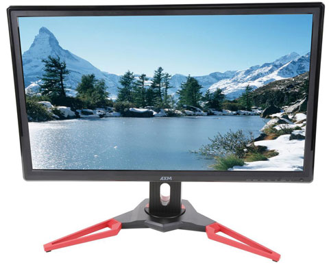 Front view of the AXM 2768 monitor, with screen showing some gorgeous scenery of a lake rimmed with trees and mountains in the background